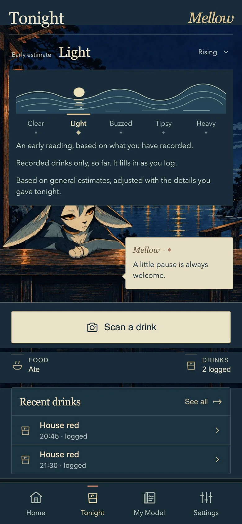 Current Tonight screen with expanded Night Tide, companion reminder, scan action and recent drinks.